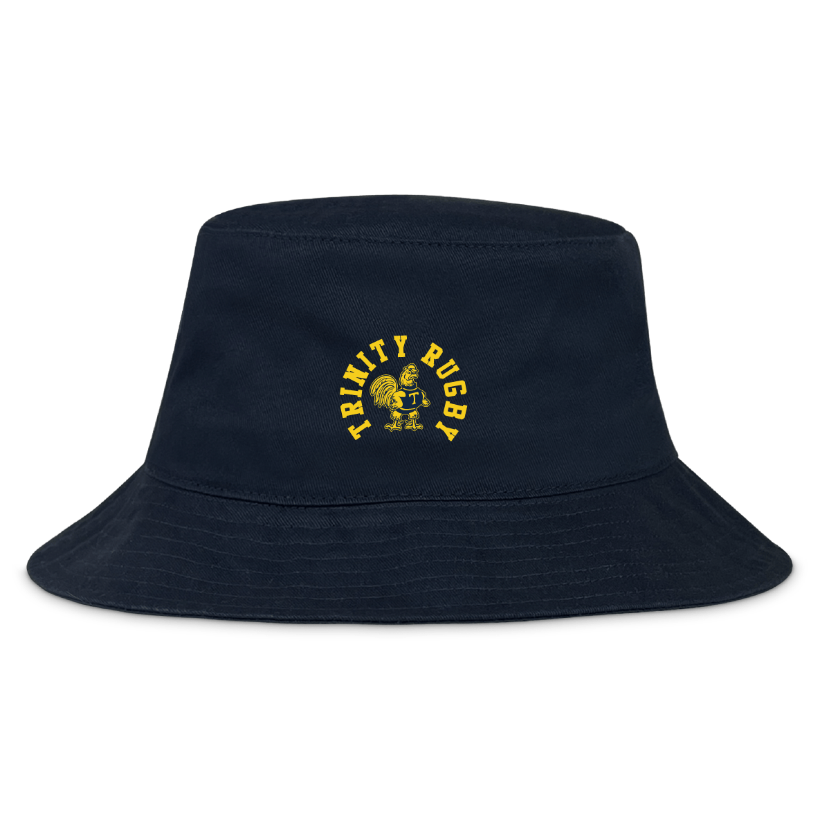 The Trinity College Crusher Bucket Cap by EMB S&S Activewear is a navy cotton twill hat with a yellow "Trinity Rugby" logo and rooster emblem on the front, offering great sun protection.