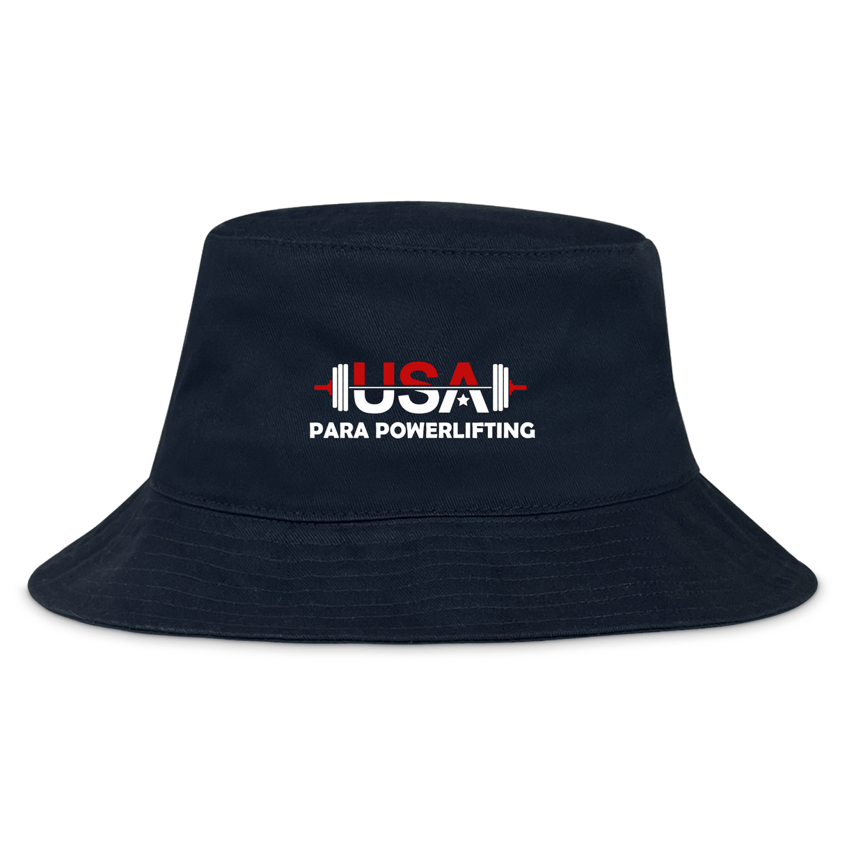 The USA Para Powerlifting Crusher Bucket Cap by EMB S&S Activewear features a black cotton twill design with "USA Para Powerlifting" and a barbell graphic in red, white, and blue—ideal for sun protection for athletes and fans.