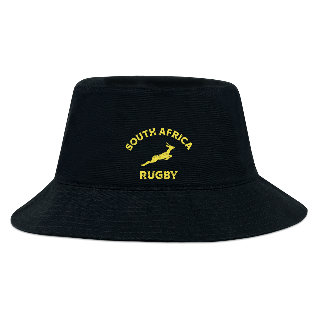 The Nations of Rugby South Africa Rugby Crusher Bucket Hat by EMB S&S Activewear features black cotton twill with "South Africa Rugby" and a yellow embroidered springbok logo on the front.
