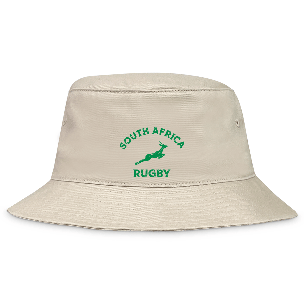 The EMB S&S Activewear Nations of Rugby South Africa Rugby Crusher Bucket Hat is beige, made from durable cotton twill, and features "South Africa Rugby" and a green springbok logo printed on the front.