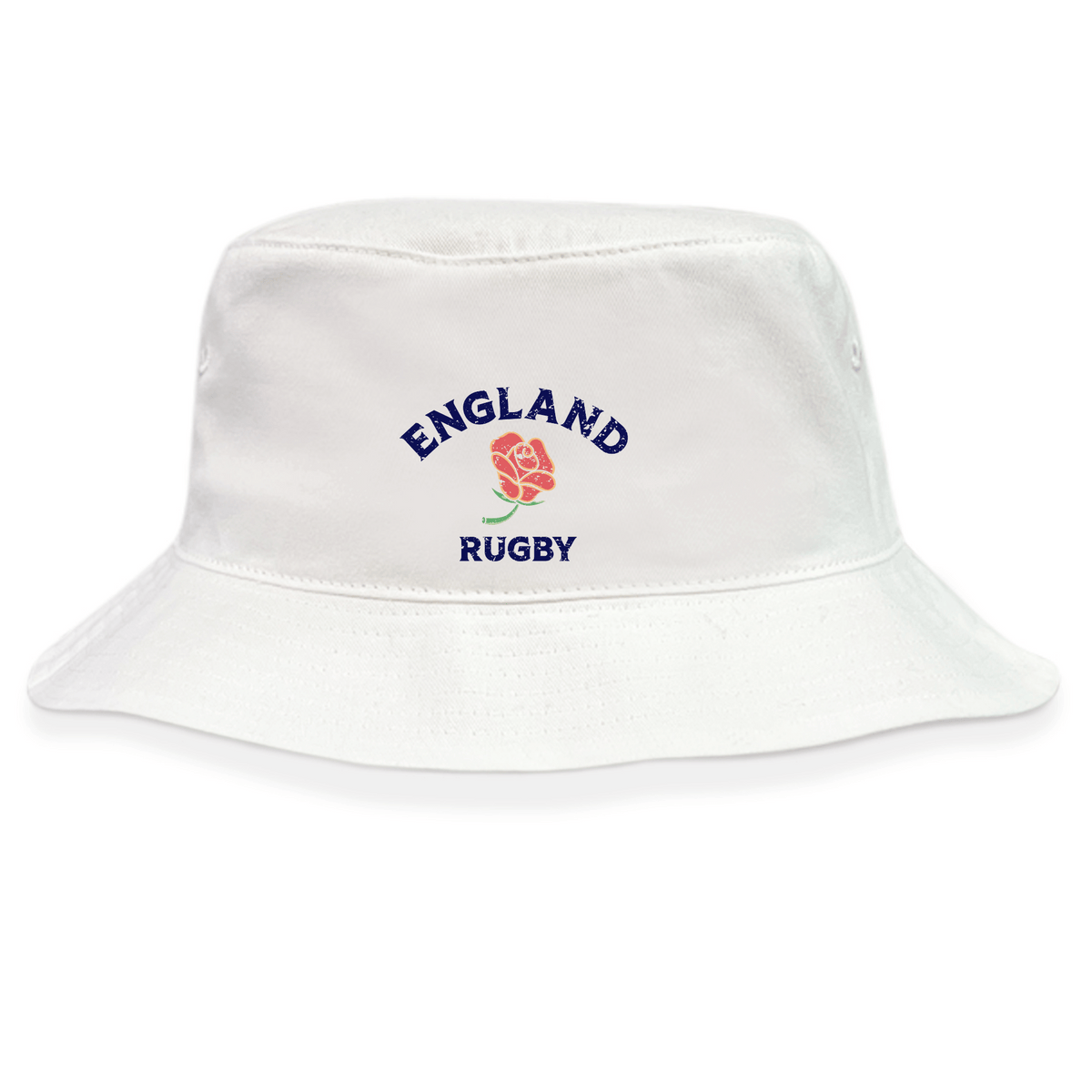 The EMB S&S Activewear Nations of Rugby England Rugby Crusher Bucket Hat features white cotton twill with "ENGLAND RUGBY" text and a red rose emblem on the front.