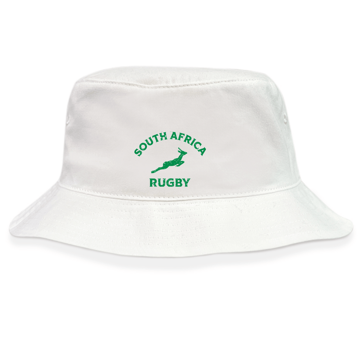 The EMB S&S Activewear Nations of Rugby South Africa Rugby Crusher Bucket Hat is a cotton twill hat featuring "South Africa Rugby" and a green springbok logo printed on the front.