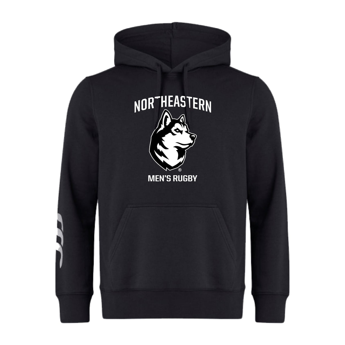 The Northeastern University Men's Rugby Club Hoodie by WRS Canterbury features a white "NORTHEASTERN MEN'S RUGBY" text and husky logo on the front, plus a white sleeve design—ideal for club members and fans.