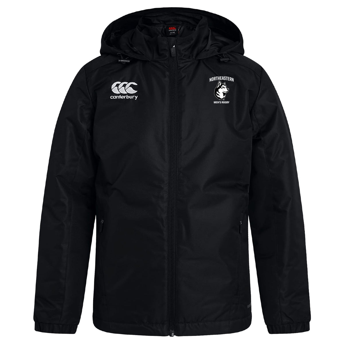 The EMB Canterbury Northeastern University Men's Rugby Club Vaposhield Stadium Jacket features a black hood, front zipper, padded insulation, Canterbury logo on the right chest, and Northeastern Men's Rugby logo on the left chest.