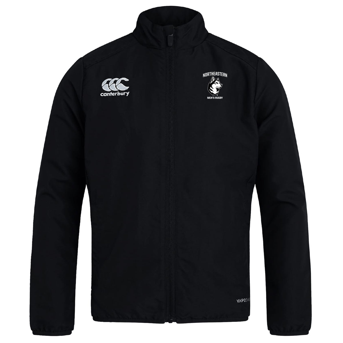 The Northeastern University Men's Rugby Club Track Jacket by EMB Canterbury features long sleeves, a lightweight tracksuit feel, and Canterbury and Northeastern logos on the chest.