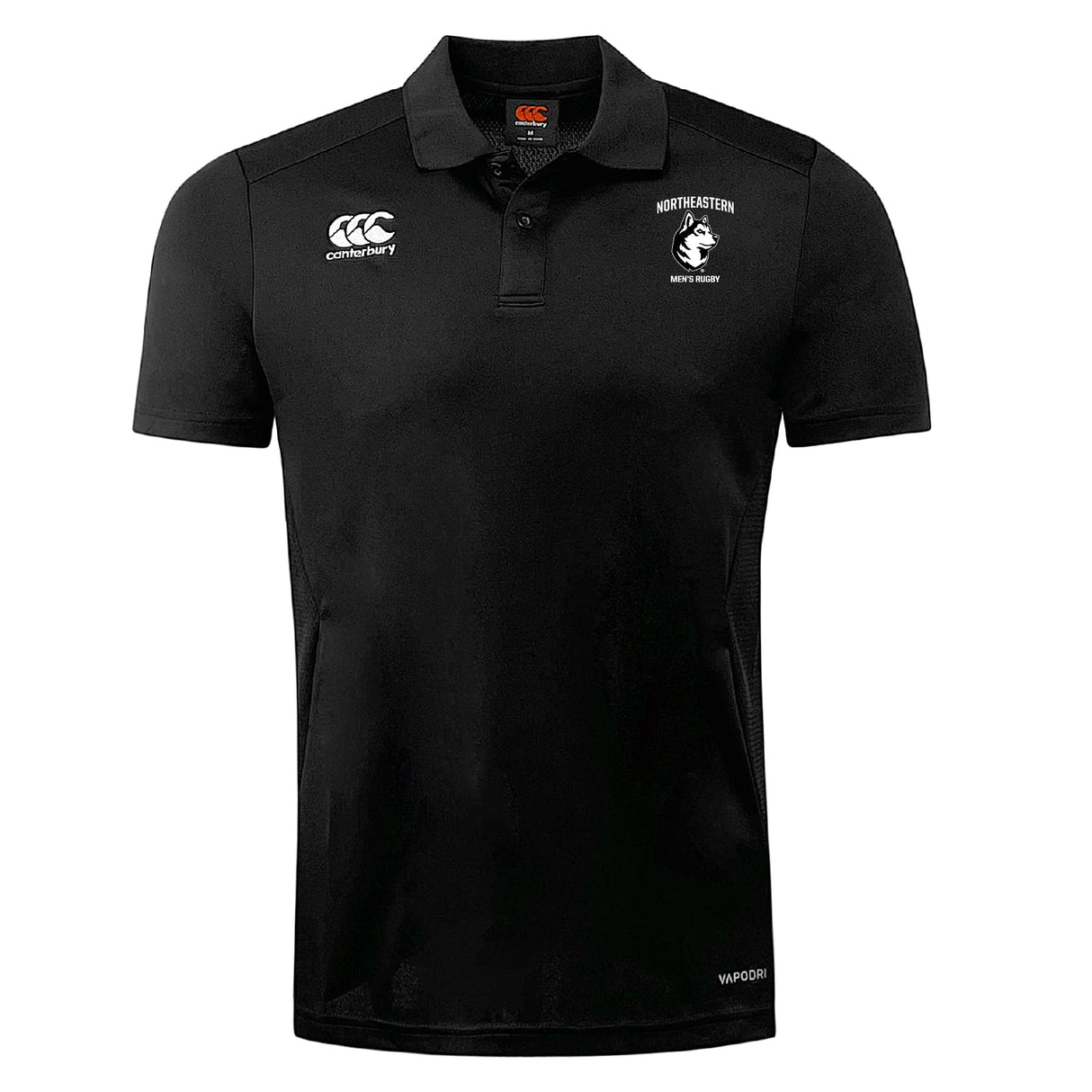 The Northeastern University Men's Rugby Club Dry Polo by EMB Canterbury is a black, short-sleeve collared polo with chest logos, featuring Vapodri Technology for breathable comfort on and off the field.