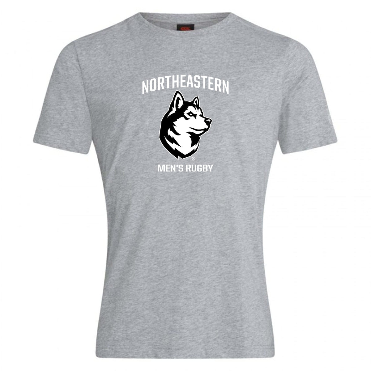 The Northeastern University Men's Rugby Club Plain Tee by WRS Canterbury features "NORTHEASTERN" above a husky head and "MEN'S RUGBY" below in white text on a gray cotton blend.