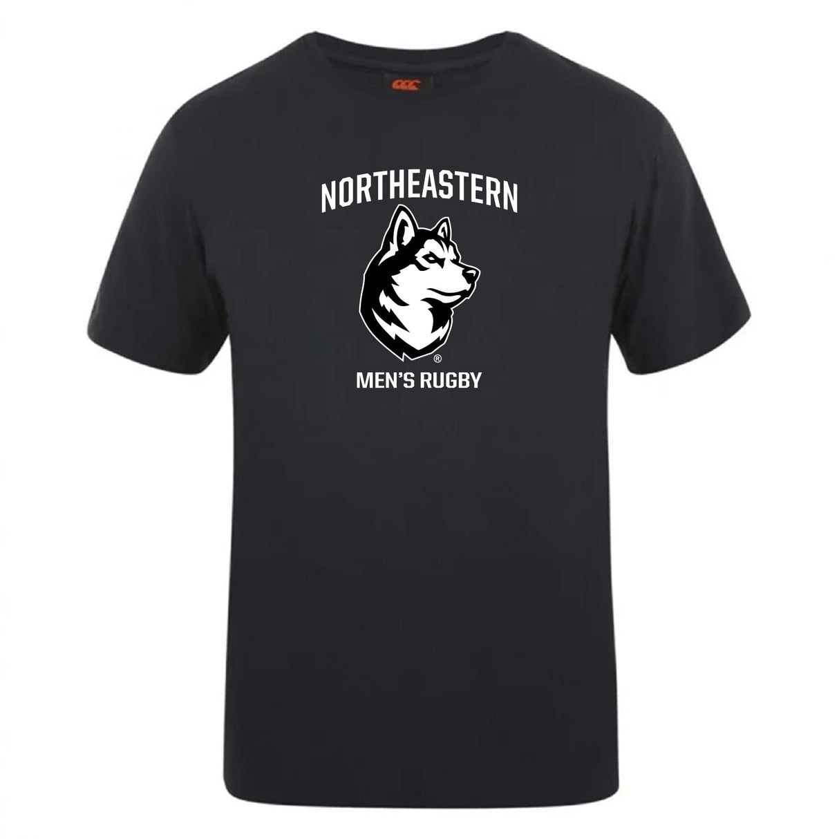 The Northeastern University Men's Rugby Club Plain Tee by WRS Canterbury is a black cotton blend shirt with "Northeastern Men's Rugby" and a white husky logo printed on the chest.