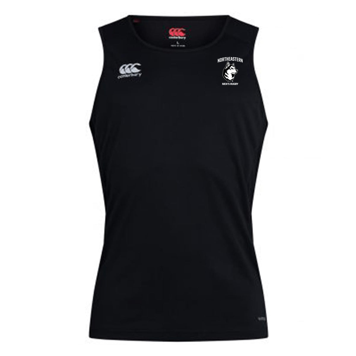 The EMB Canterbury Northeastern University Men's Rugby Club Dry Singlet features Vapodri Technology for comfort, with the Club Dry logo on the right chest and Northeastern Rowing logo on the left—perfect for athletic wear.