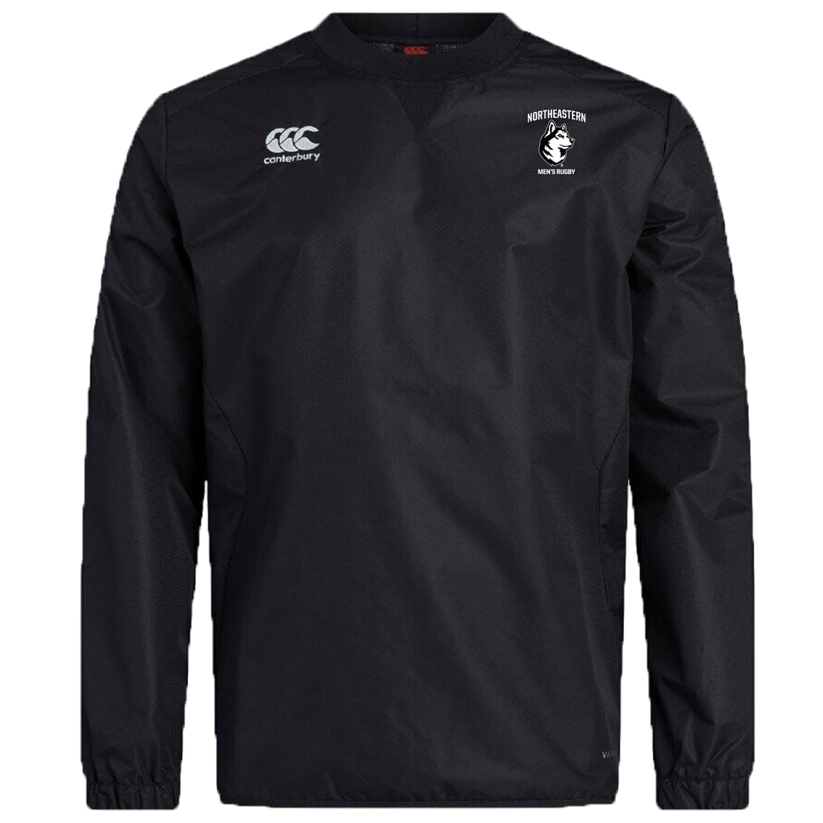 The Northeastern University Men's Rugby Club Vaposhield Contact Top by EMB Canterbury is a black long-sleeve top with the Canterbury logo and "Northeastern Men's Rugby" on the chest, featuring water-repellent Vaposhield technology.