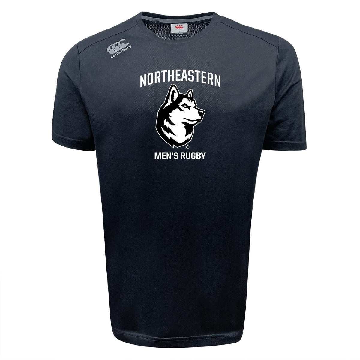 The Northeastern University Men's Rugby Tempo Vapodri T-Shirt by WRS Canterbury features "NORTHEASTERN MEN'S RUGBY" and a husky graphic on the front, plus a Canterbury logo. This black athletic tee is moisture-wicking—ideal for training or casual wear.