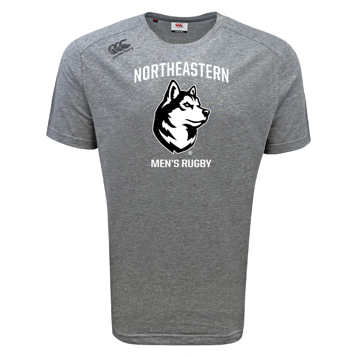 The WRS Canterbury Northeastern University Men's Rugby Tempo Vapodri T-Shirt features "Northeastern Men's Rugby" and a husky dog logo on the front; this moisture-wicking tee ensures comfort during intense play.