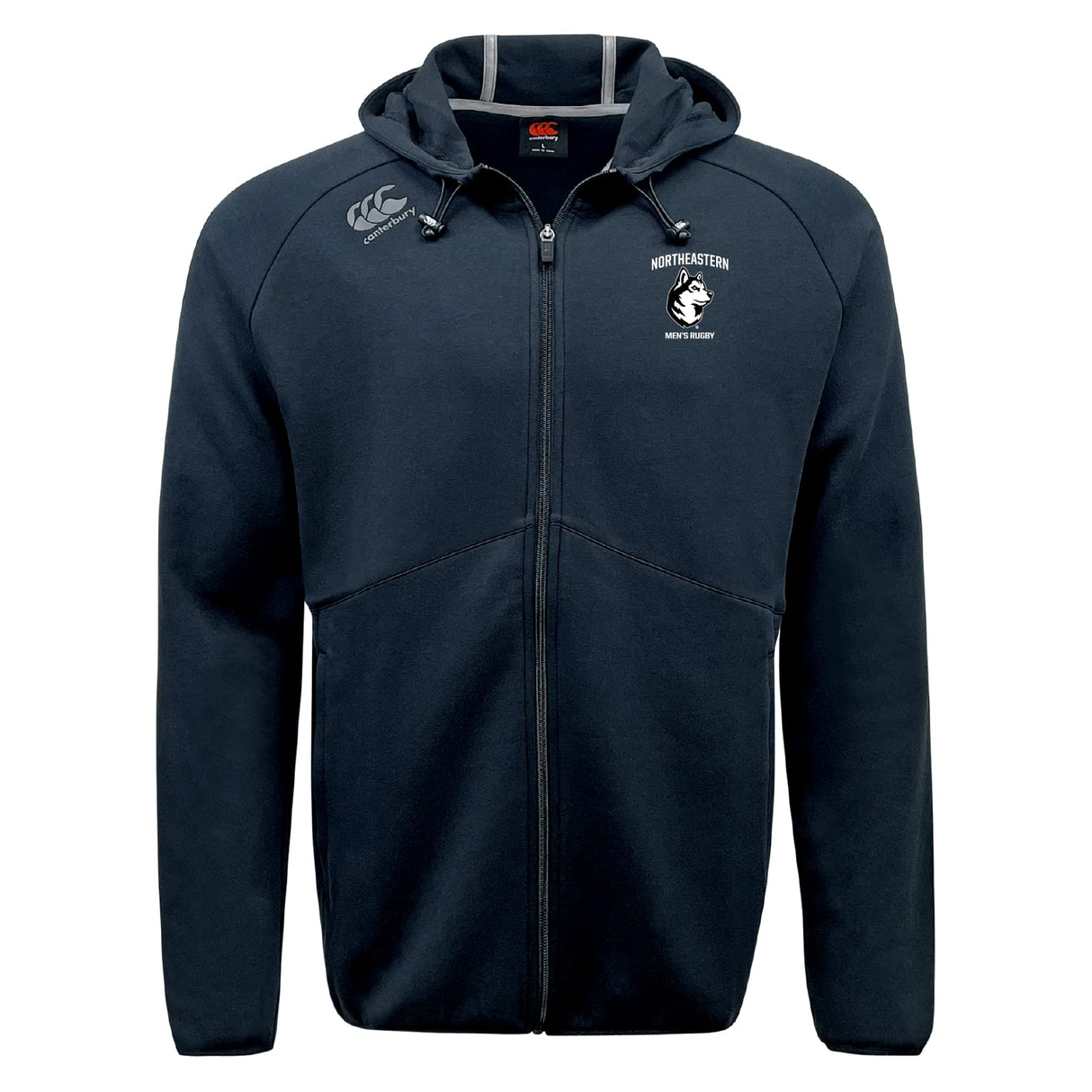 The Northeastern University Men's Rugby Tempo Vapodri Full-Zip Hoodie by EMB Canterbury features a hood, front pockets, and chest logos. This black hoodie wicks moisture to keep you comfortable on and off the field.