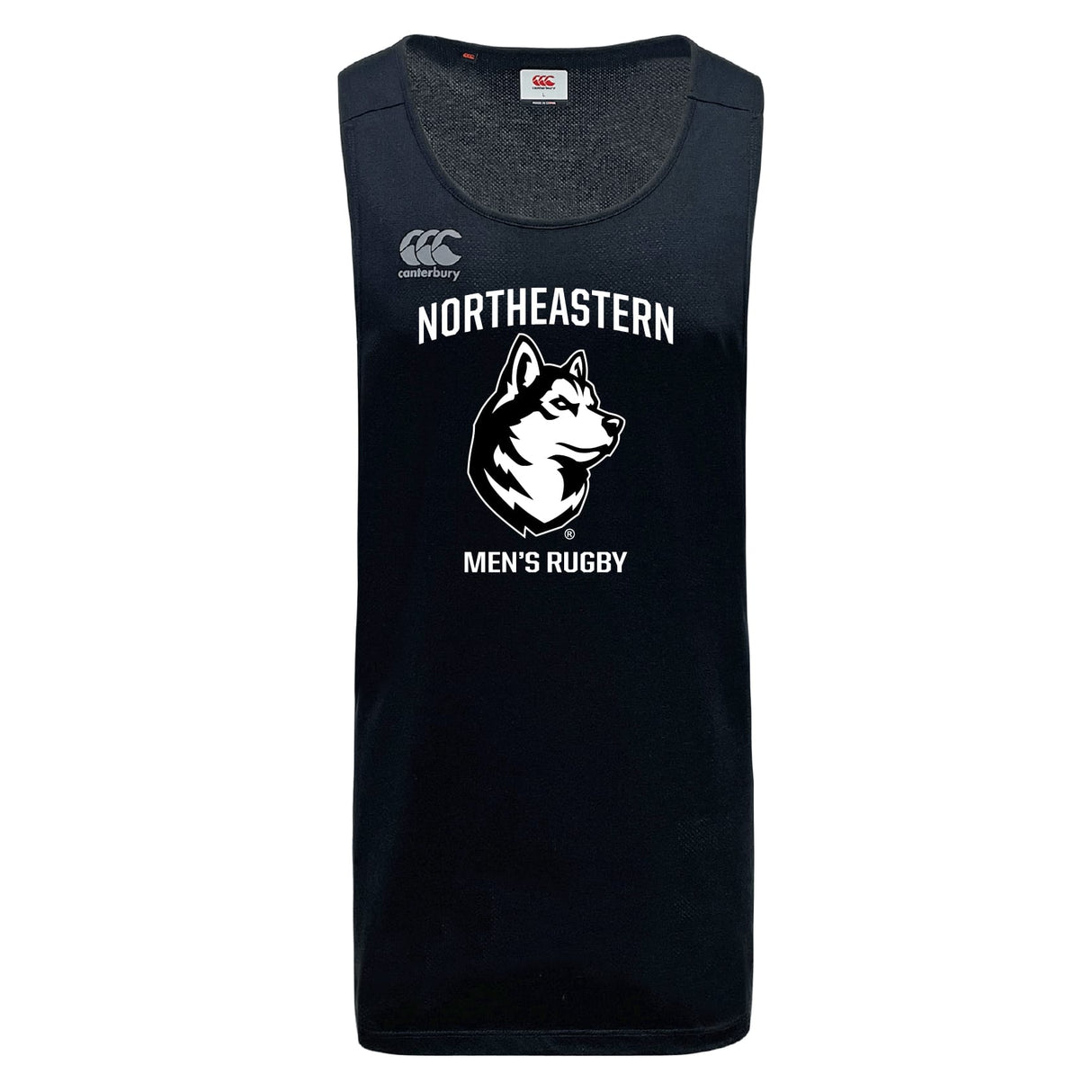 The Northeastern University Men's Rugby Tempo Vapodri Singlet by WRS Canterbury is a black recycled polyester tank, featuring "NORTHEASTERN MEN'S RUGBY" and a husky dog logo printed on the front.