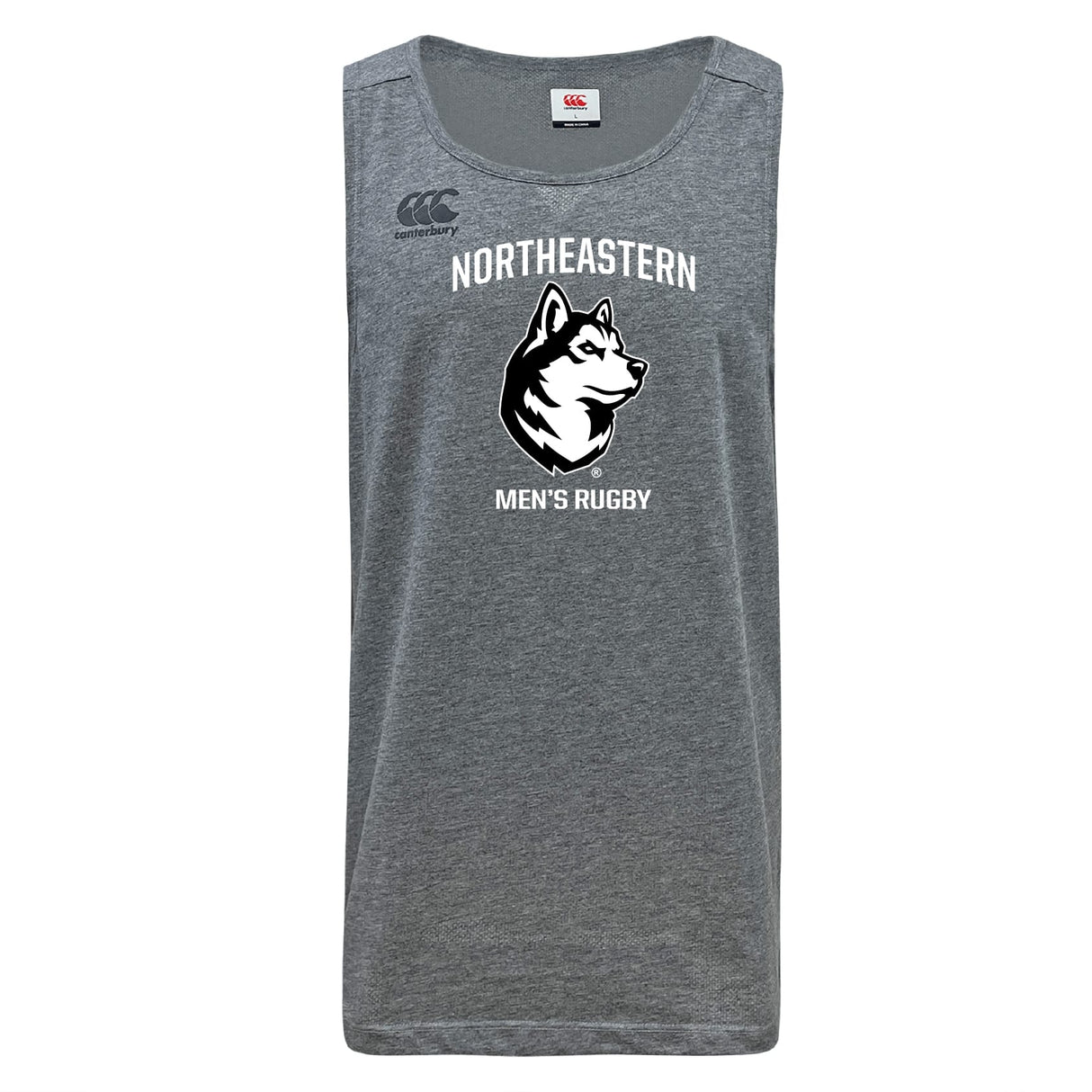 The Northeastern University Men's Rugby Tempo Vapodri Singlet by WRS Canterbury features "NORTHEASTERN MEN'S RUGBY" and a husky logo on gray recycled polyester for comfort and performance.