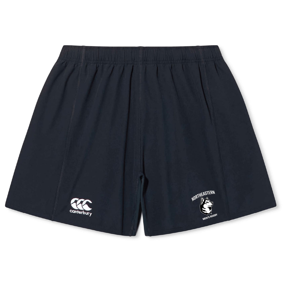 The EMB Canterbury Northeastern University Men's Rugby Yokohama Short features an elastic waistband, lightweight durable fabric, a Canterbury Yokohama logo on the left leg, and a Northeastern University emblem on the right.