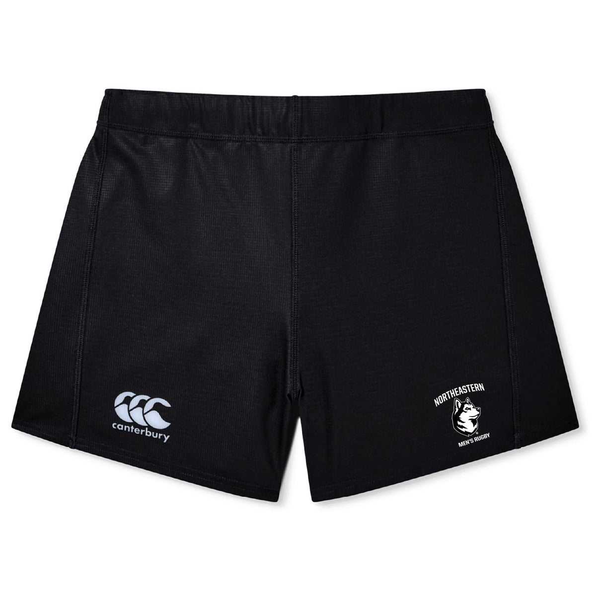 The EMB Canterbury Northeastern University Men's Rugby Women's Yokohama Short features the brand's iconic logo on the left and a Northeastern Men's Rugby logo on the right—perfect for athletes seeking top-tier performance and style.