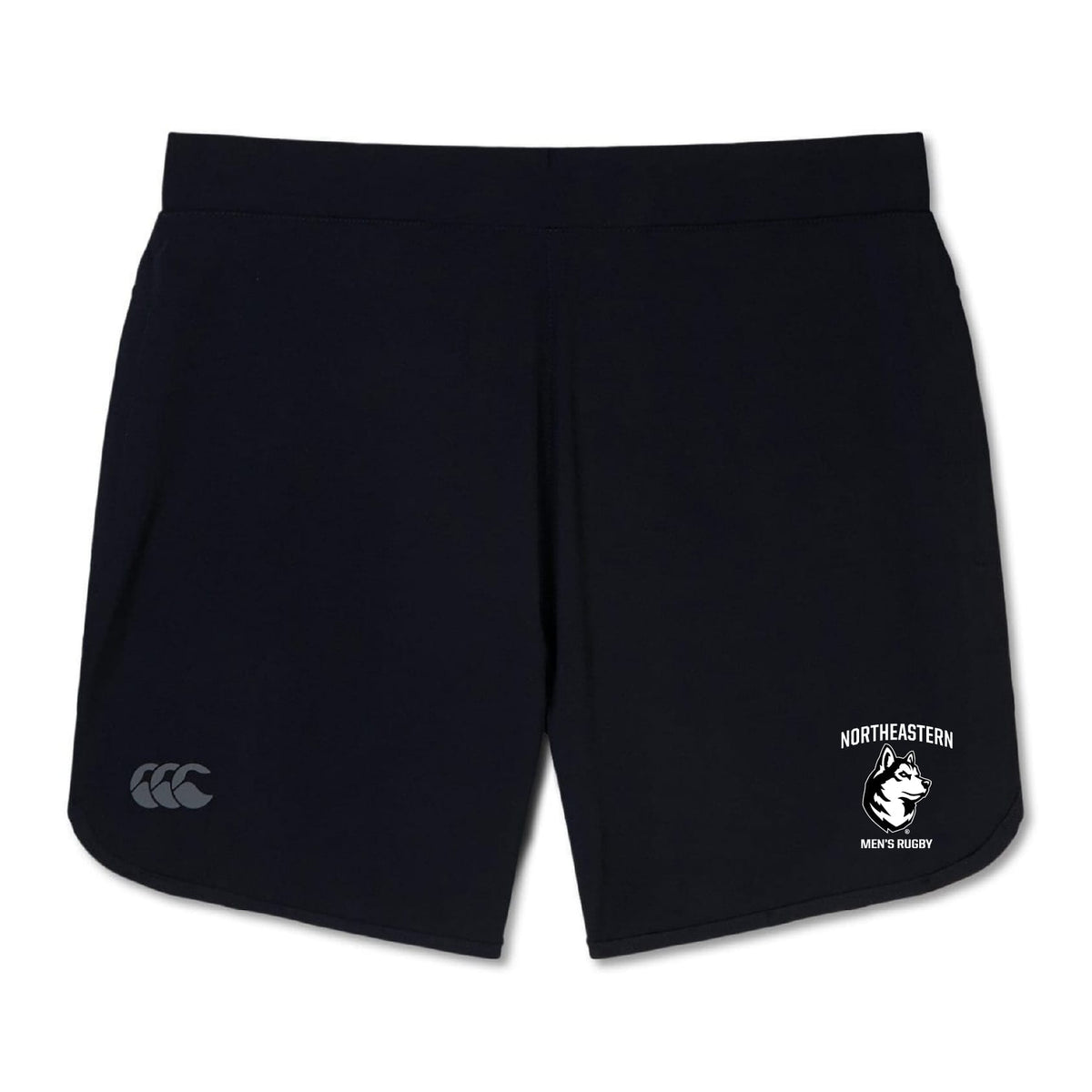 The Northeastern University Men's Rugby Women's Elite Woven Short by EMB Canterbury features the rugby logo and text on the right leg, Canterbury logo on the left, and zippered pockets for secure storage.