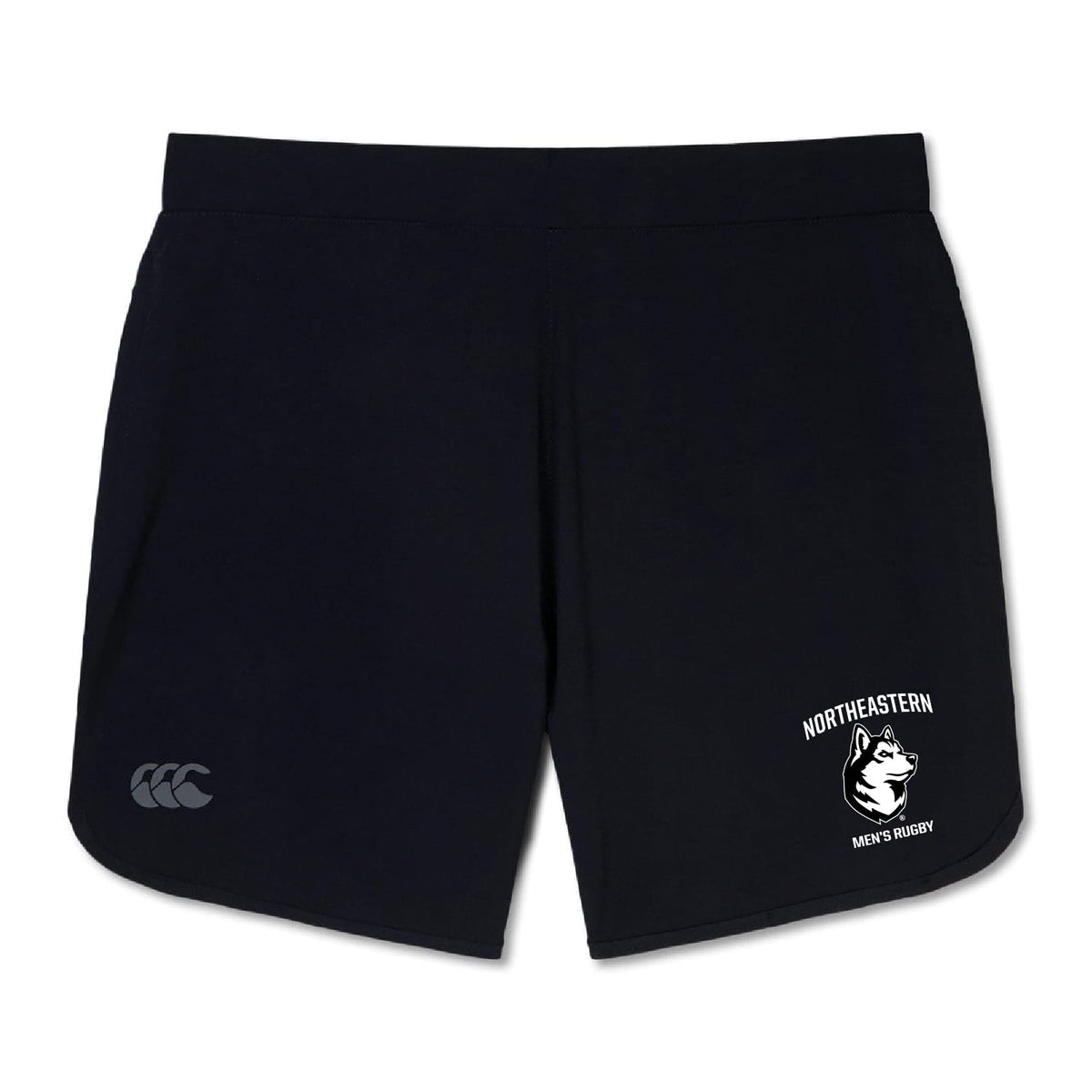 The Northeastern University Men's Rugby Elite Woven Short by EMB Canterbury features a white rugby logo on the right leg, a small Canterbury logo on the left, and zippered pockets—ideal gym shorts for comfort and style.