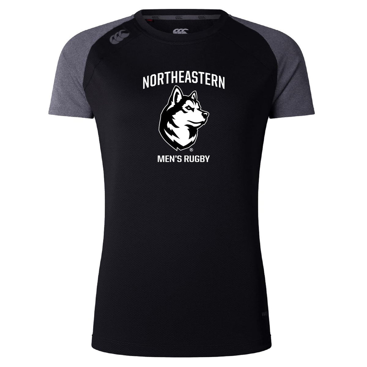 The Northeastern University Men's Rugby Women's Elite Training Tee by WRS Canterbury features "NORTHEASTERN MEN'S RUGBY" and a husky graphic on a black, gray-sleeved shirt with breathable, quick-drying fabric for comfort.