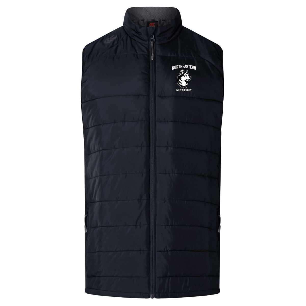 The Northeastern University Men's Rugby Elite Microlite Gilet by EMB Canterbury features a black design, zip front, Thermoreg fleece for warmth, and the team logo on the left chest.