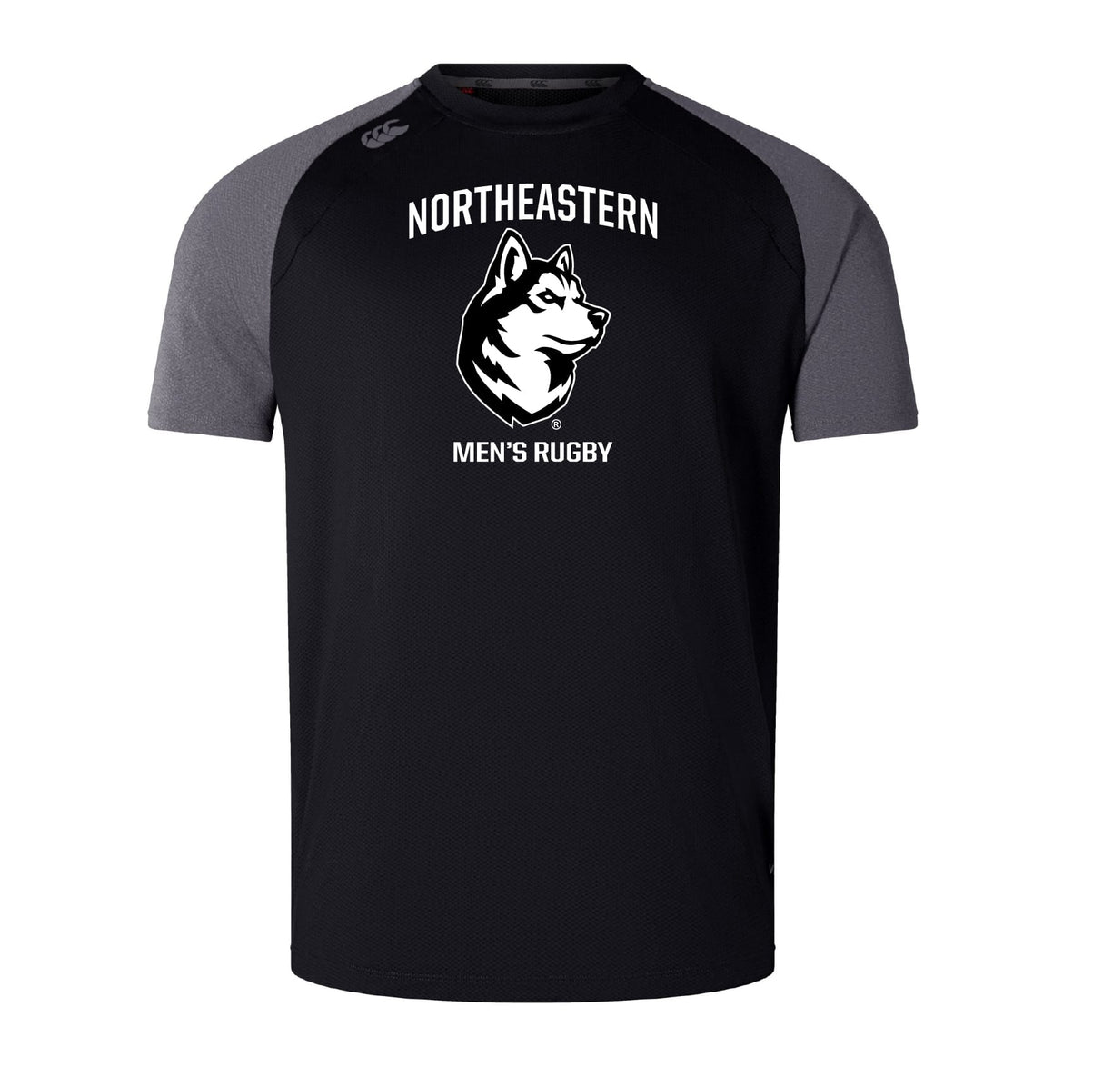 The Northeastern University Men’s Rugby Elite Training Tee by WRS Canterbury is black and gray, features "NORTHEASTERN MEN'S RUGBY" with a husky dog on the front, and is made from lightweight, durable Vapodri fabric for comfortable workouts.