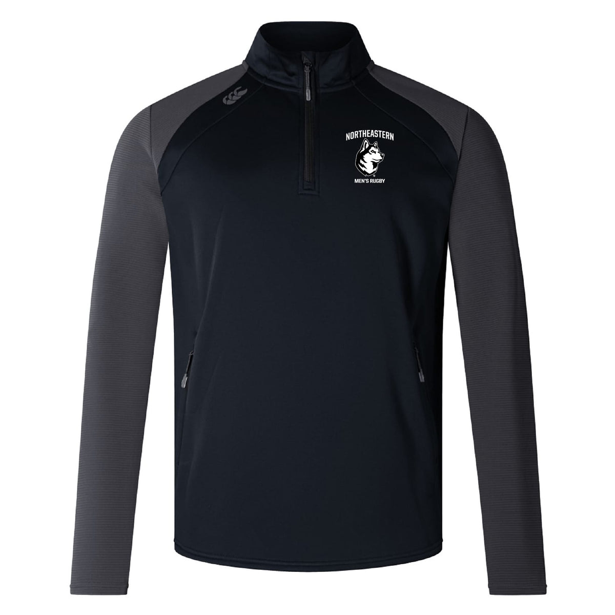 The Northeastern University Men's Rugby Elite First Layer by EMB Canterbury is a black and dark gray quarter-zip top featuring “Northeastern Men’s Rugby” and a wolf logo on the left chest, plus two front zippered pockets. Inspired by Canterbury's Elite design.