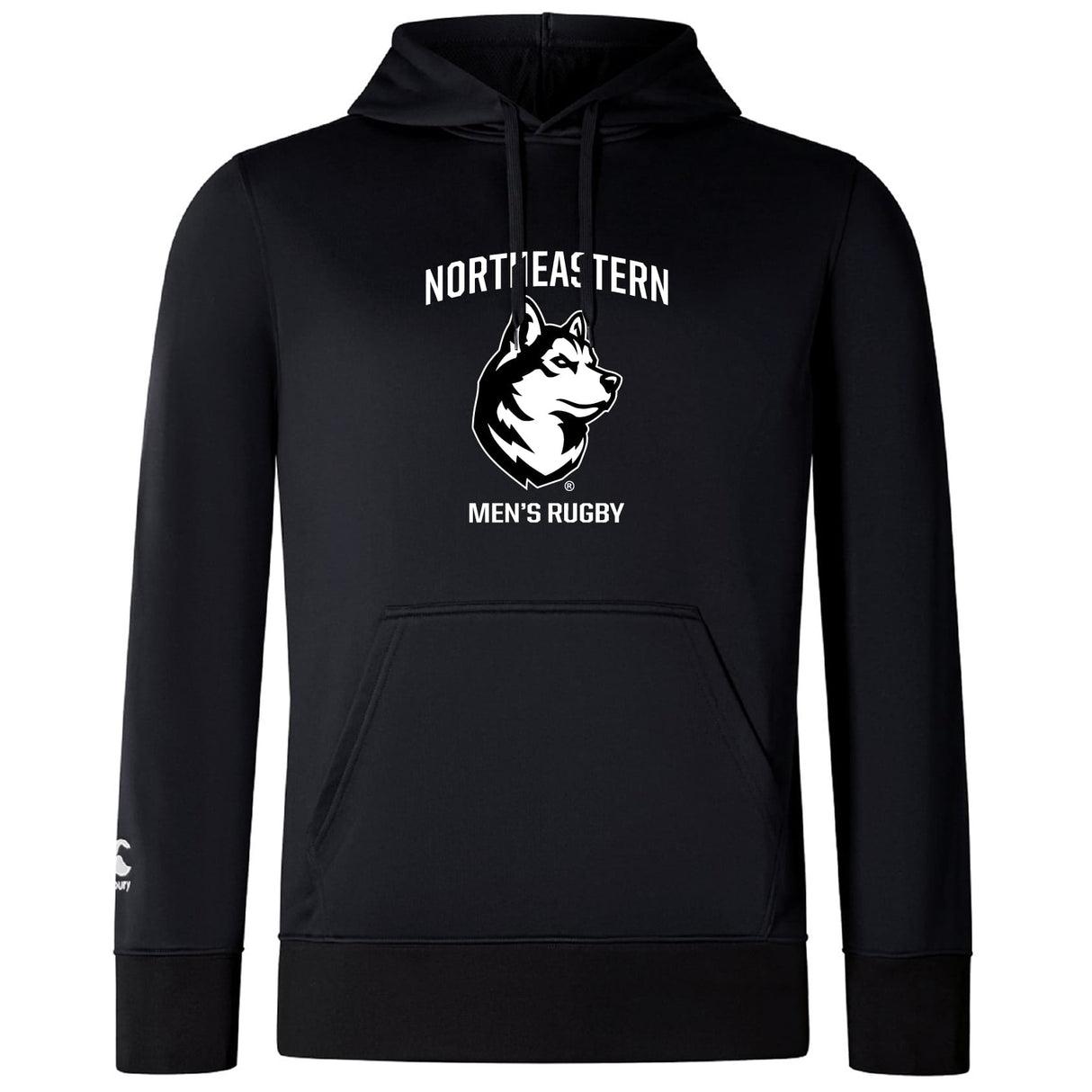 The Northeastern University Men's Rugby Club Lightweight Hoodie by WRS Canterbury is a black hoodie with a kangaroo pocket, featuring a husky logo and "NORTHEASTERN MEN'S RUGBY" in white on the chest—ideal for club supporters.