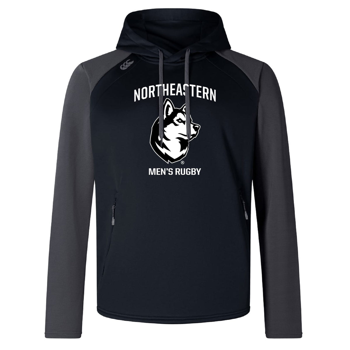 The Northeastern University Men's Rugby Elite Training Hoody by WRS Canterbury features black and gray colors, "NORTHEASTERN MEN'S RUGBY" with a husky logo on the front, and is crafted for top performance from premium fabrics.