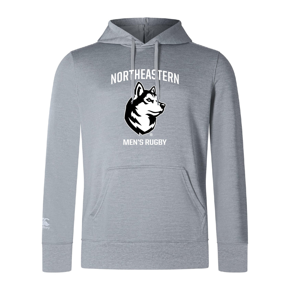 The Northeastern University Men's Rugby Club Lightweight Hoodie by WRS Canterbury features "NORTHEASTERN MEN'S RUGBY," a husky dog head graphic, and a comfy kangaroo pocket on the front.