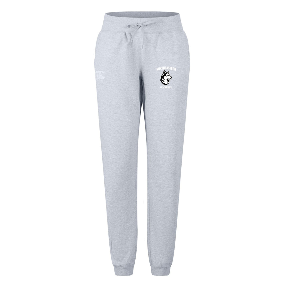 Light gray Northeastern University Men's Rugby Women's Leisure Sweatpant by EMB Canterbury, featuring a drawstring waist, elastic cuffs, and a printed Husky logo on the left thigh.