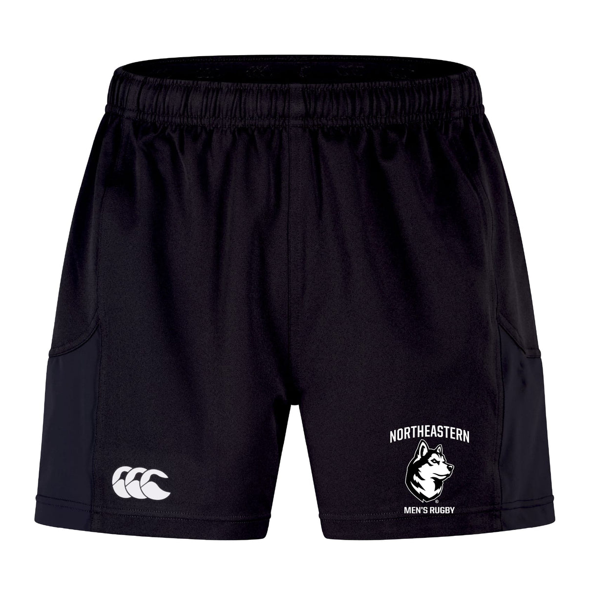 The Northeastern University Men's Rugby Advantage Short 2.0 by EMB Canterbury features an elastic waistband, Canterbury branding, and a husky mascot emblem—ideal for fans of sustainable sportswear.