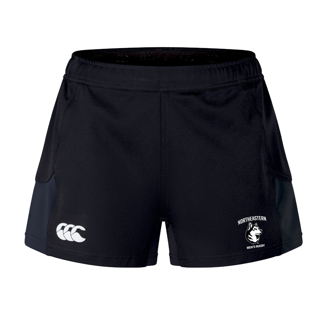 The EMB Canterbury Northeastern University Men's Rugby Women's Advantage Short 2.0 features a white Canterbury logo and a Northeastern Men's Rugby logo—perfect for those seeking sustainable sportswear.