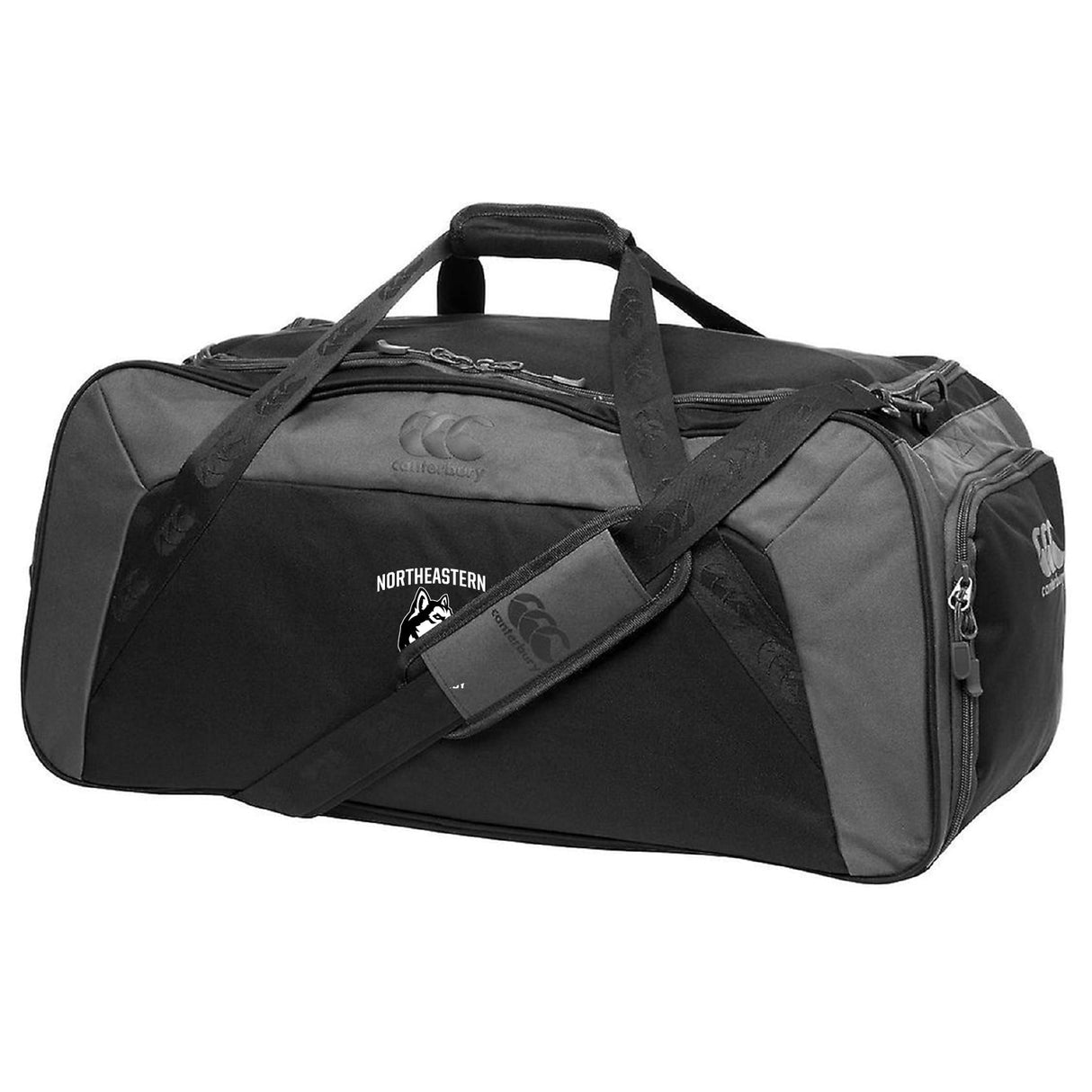 The Northeastern University Men's Rugby Holdall Duffle Bag by EMB Canterbury is black and gray, water-repellent, features "Northeastern" with a wolf logo, plus a shoulder strap and side pockets.