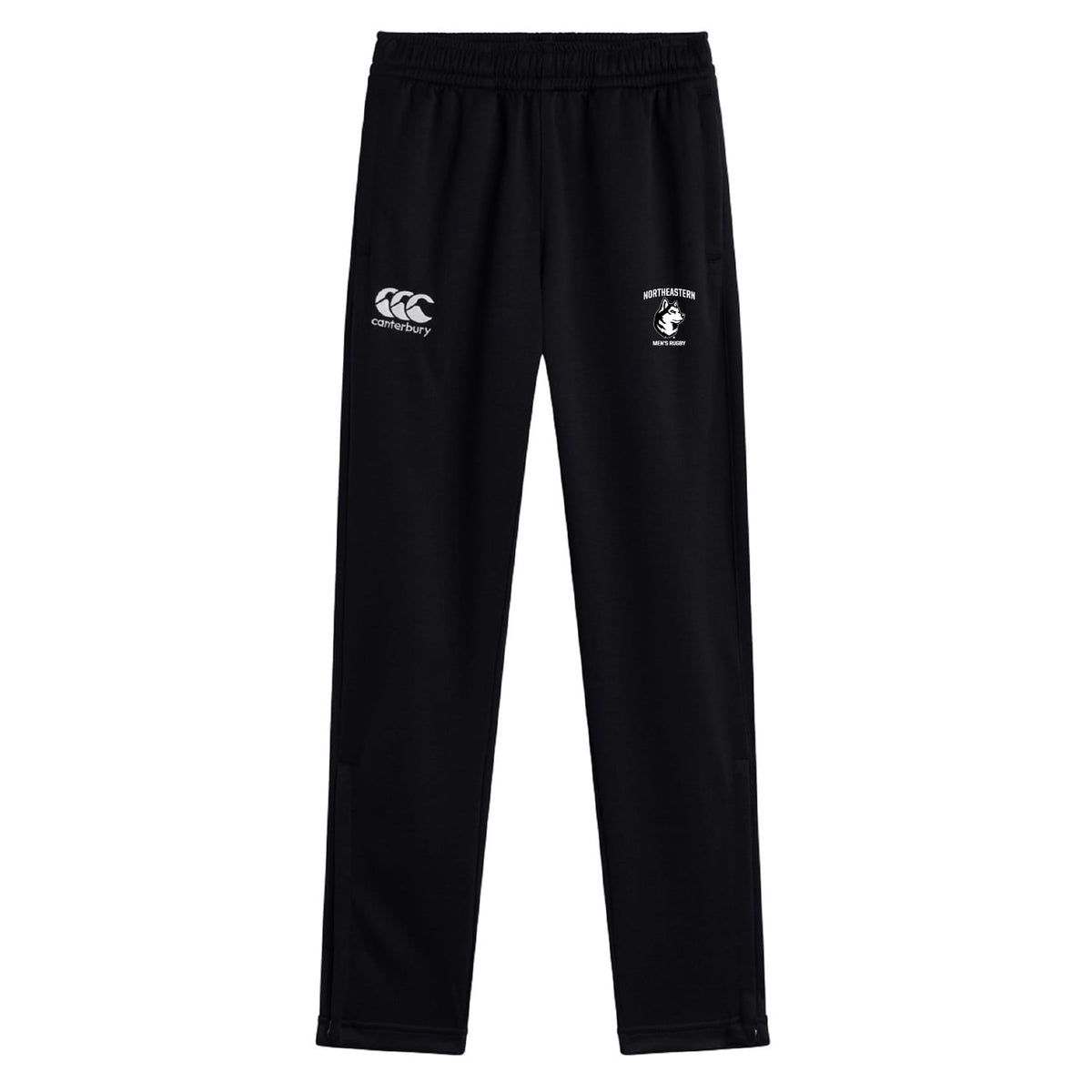 The Northeastern University Men's Rugby Stretch Tapered Pant by EMB Canterbury features an elastic waistband, quick-dry fabric, and two white logos on the upper thighs. Shown against a plain white background.
