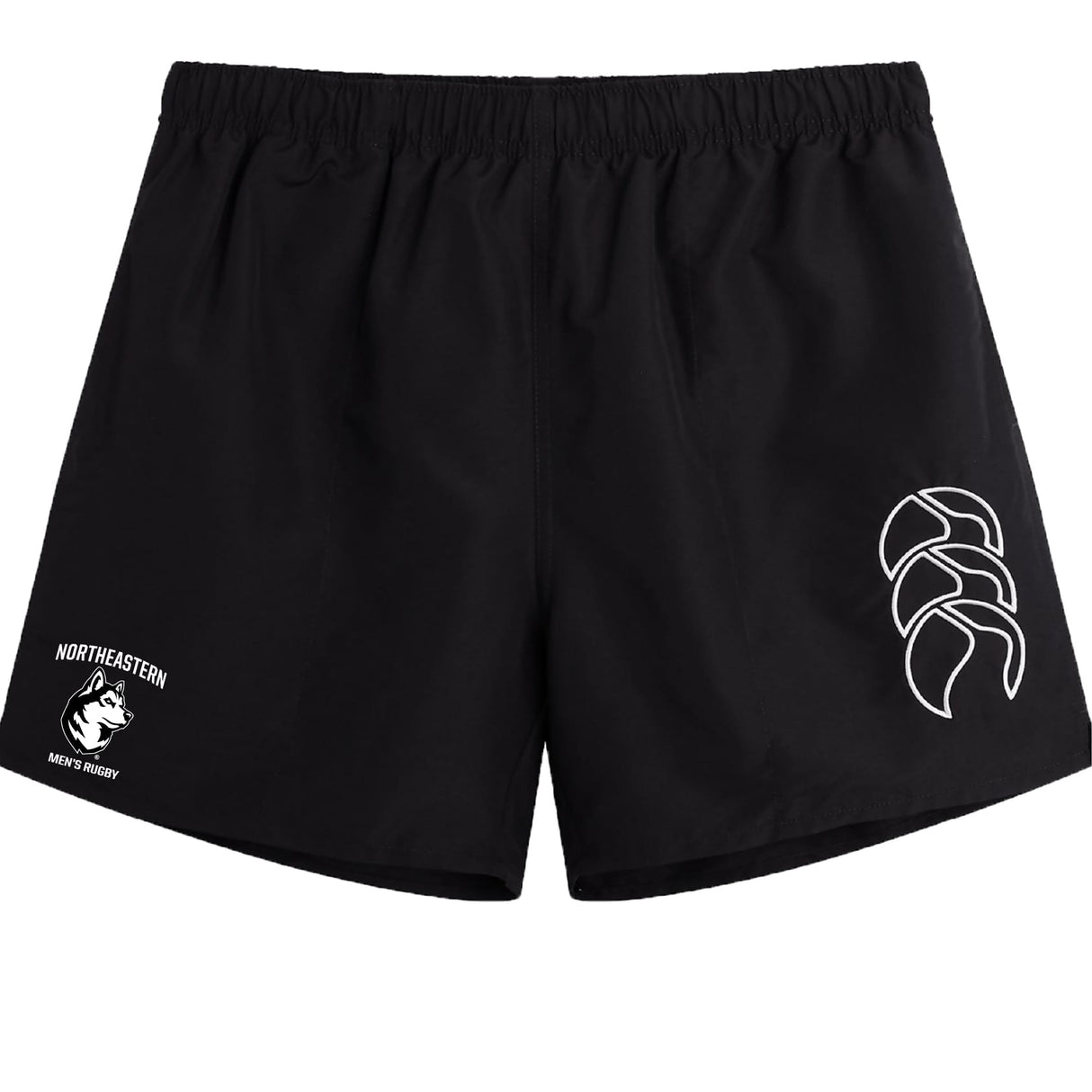 The Northeastern University Men's Rugby Tactic Short by EMB Canterbury features a white claw logo on the right leg and "Northeastern Men's Rugby" with husky mascot on the left—ideal for gym sessions or men's rugby training.