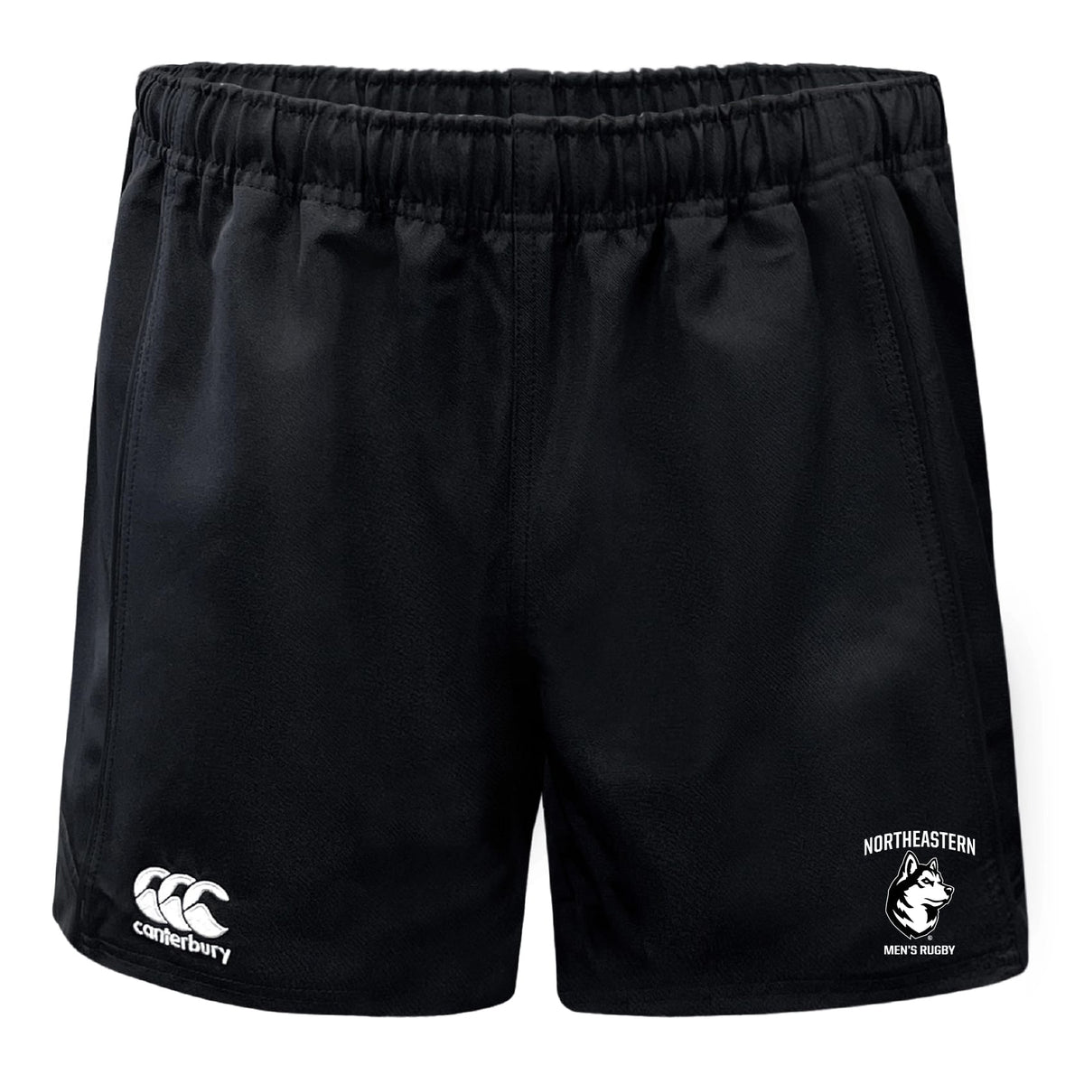The Northeastern University Men's Rugby Professional Polyester Rugby Short by EMB Canterbury features "NORTHEASTERN MEN'S RUGBY" and a husky logo on the right leg, with a Canterbury brand logo on the left—ideal for training or matches.