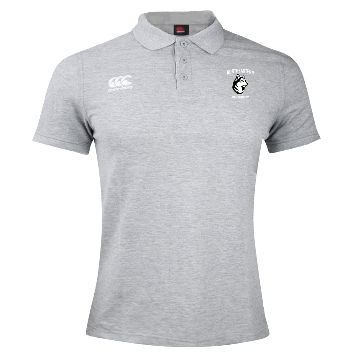 The Northeastern University Men's Rugby Waimak Polo by EMB Canterbury is a light grey short-sleeve polo with buttons, featuring the Canterbury logo on the right chest and a Northeastern Athletic Union emblem on the left chest.