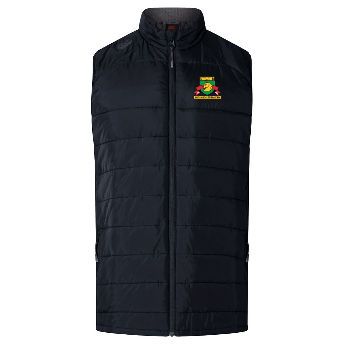 Black sleeveless padded vest with insulated baffles, featuring a high collar and front zipper. The EMB Canterbury logo showcases a green dinosaur with "Binance" text in yellow above red stripes. Perfect for an Elite Gilet experience with the Baltimore Chesapeake Brumbies Women's Elite Microlite Gilet by Canterbury.