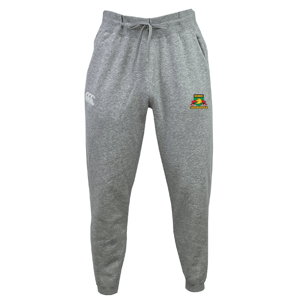 Baltimore Chesapeake Brumbies Leisure Sweatpants by EMB Canterbury feature a gray design, with elastic waistband and drawstring. Crafted from recycled polyester fleece, they have embroidered logos on the left thigh and right hip.