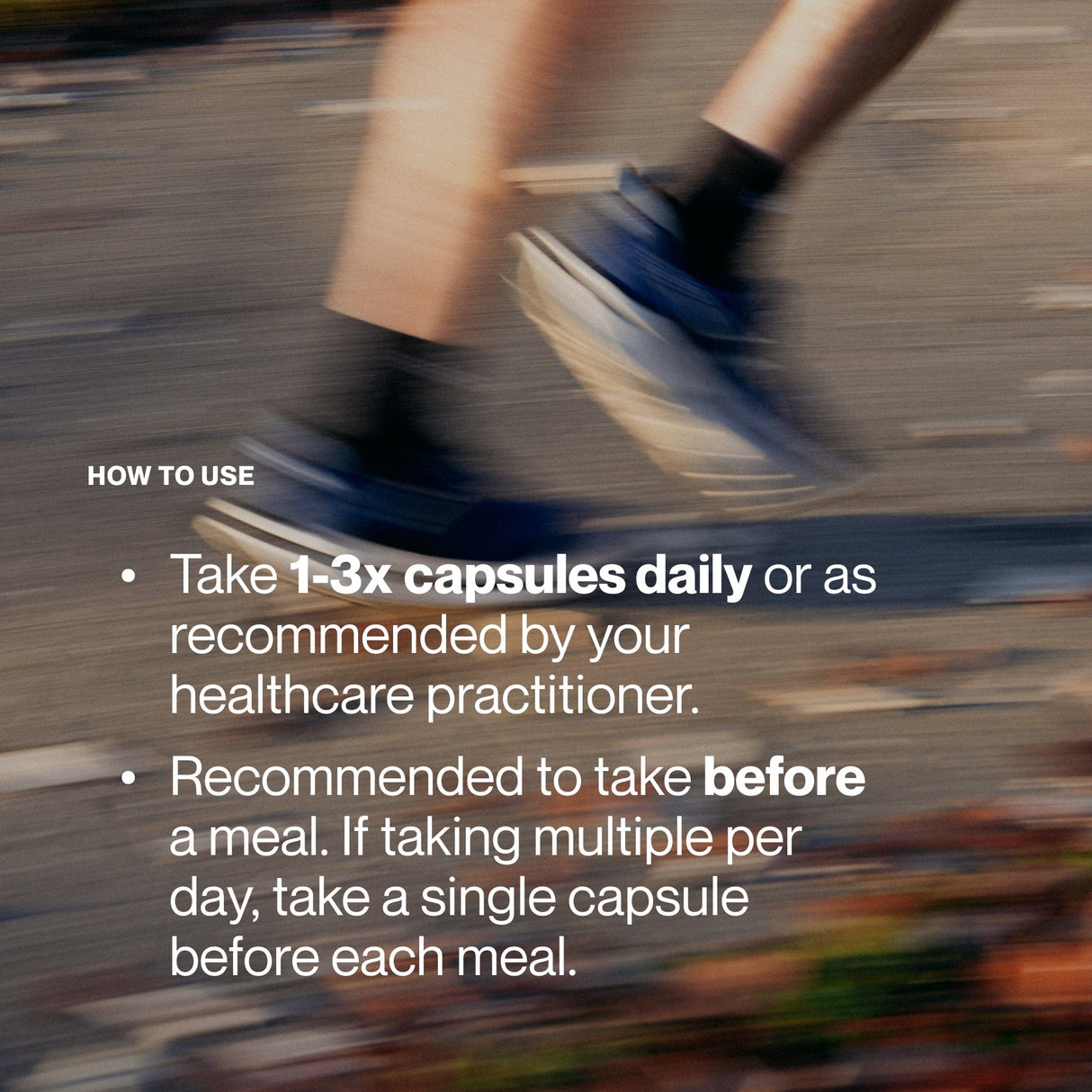 Blurred image of a person running outdoors with instructions to take Momentous Berberine by Momentous, recommending 1-3 capsules daily before meals or as directed by a healthcare practitioner to support metabolic efficiency.