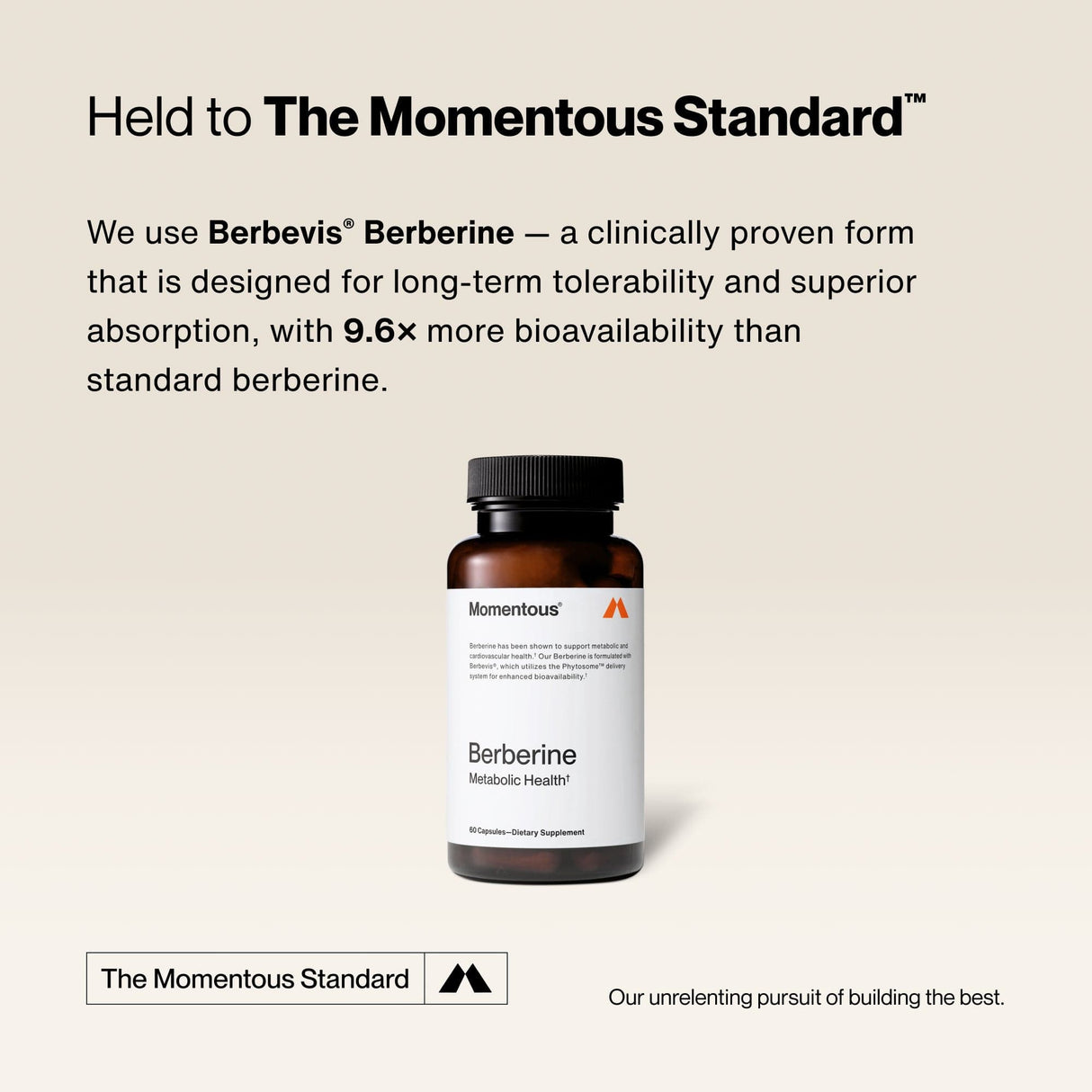 A bottle of Momentous Berberine is shown below text emphasizing its clinically proven, high-absorption formula from Momentous for optimized metabolic efficiency.