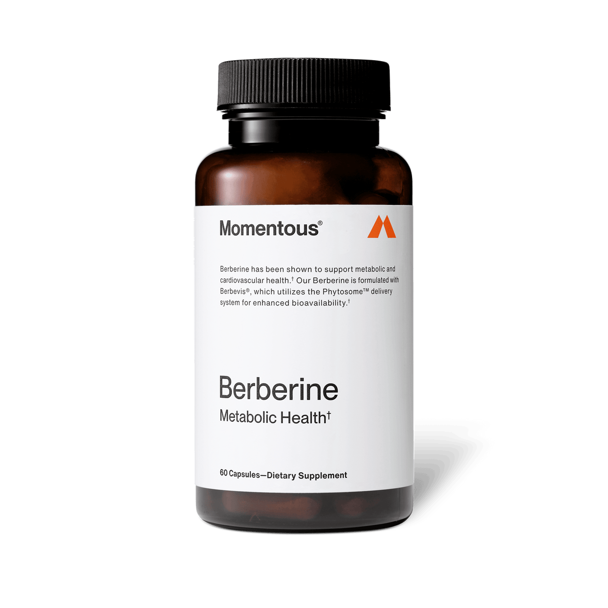 A bottle of Momentous Berberine by Momentous, featuring a white label and black cap, contains 60 capsules formulated to support metabolic efficiency and cardiovascular health.