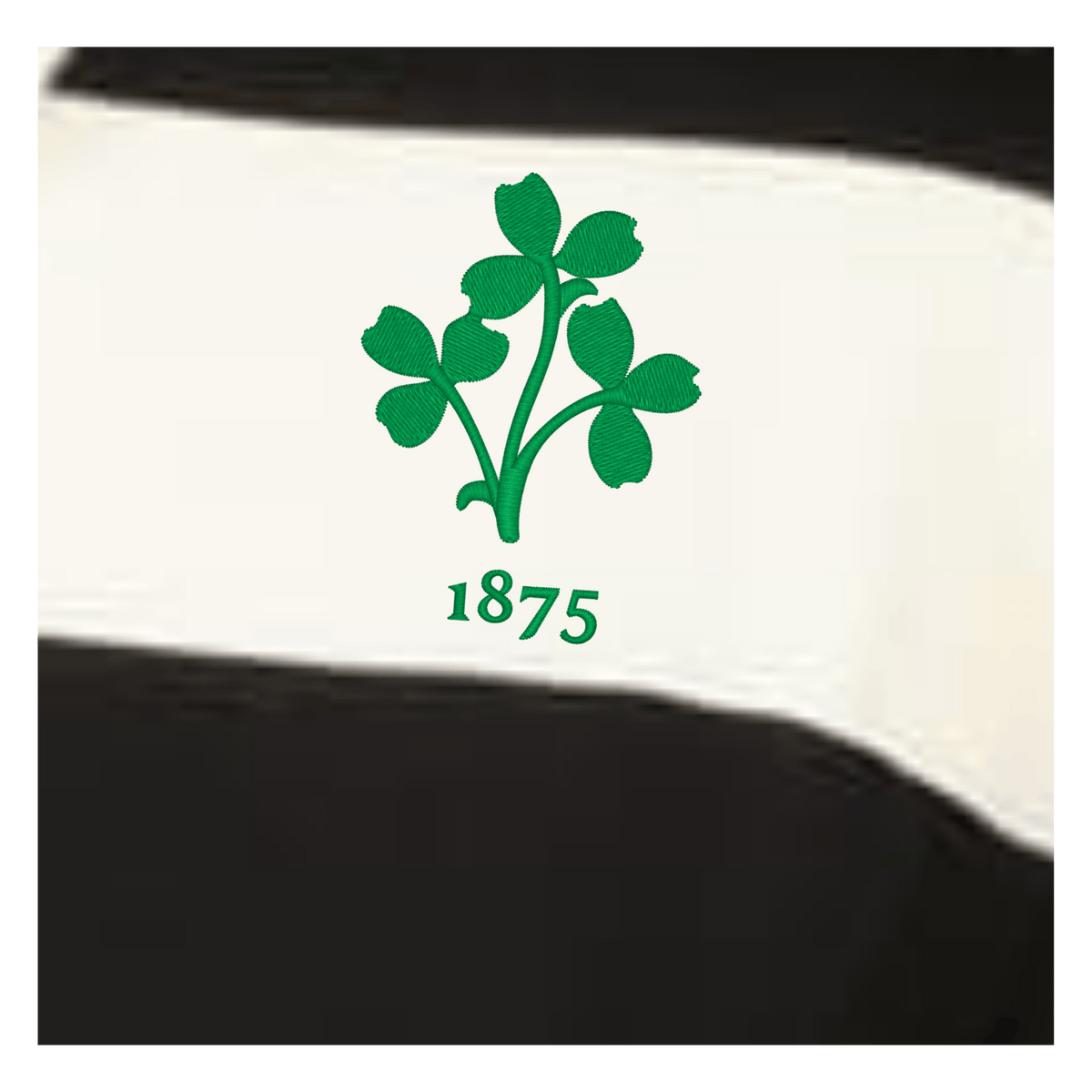 A green shamrock with "1875" beneath it is embroidered on the EMB Augusta Women's Vintage Ireland Prep Street Rugby Crop, featuring black and white stripes.