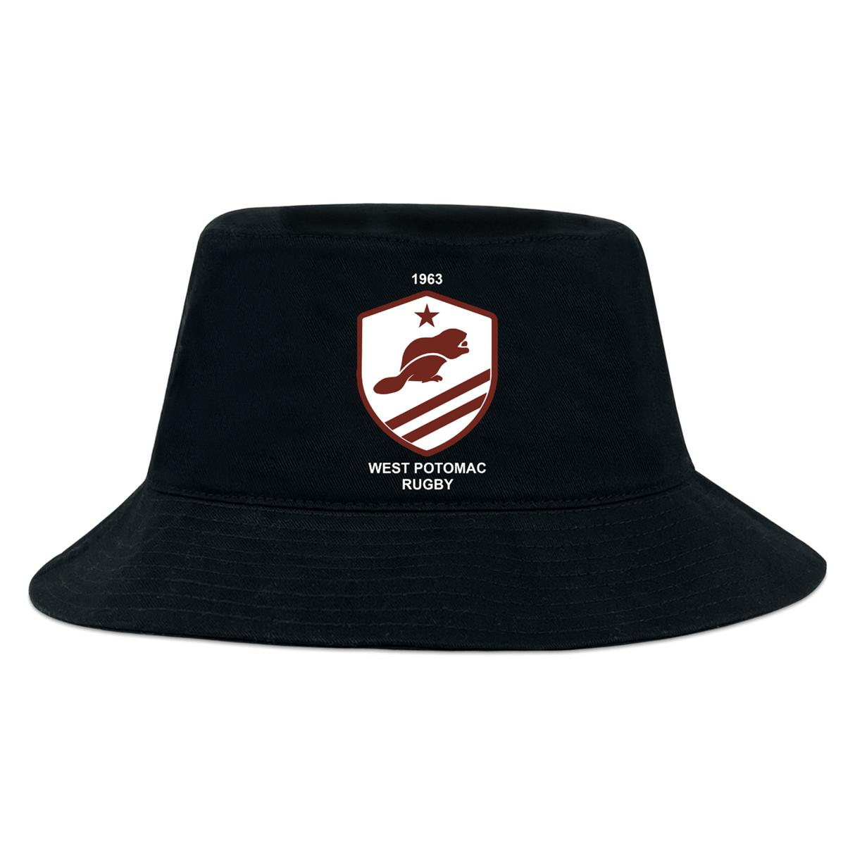The West Potomac RFC Crusher Bucket Cap by EMB S&S Activewear is a black cotton hat with sun protection, showcasing a maroon and white shield logo with a rugby player, star, "1963," and "West Potomac Rugby.