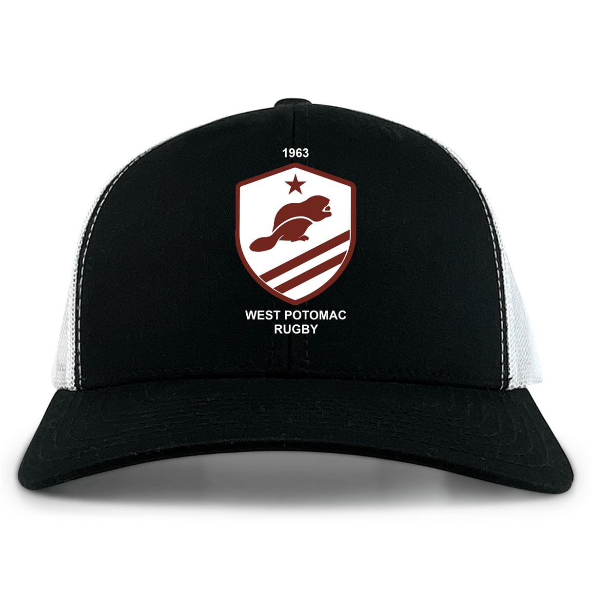 The West Potomac RFC Retro Trucker Cap by EMB S&S Activewear features a black and white design, embroidered beaver logo with red stripes, a star, "1963," and an adjustable snapback closure.