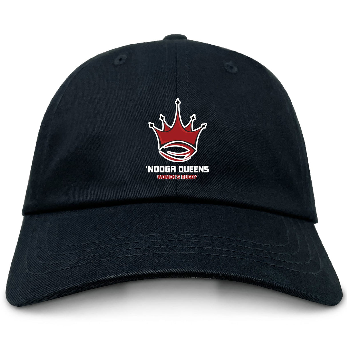 The Chattanooga Queens Rugby Adult Low-Profile Cotton Twill Dad Cap by EMB S&S Activewear features a black cotton twill build with a red crown, rugby ball, and "'NOOGA QUEENS WOMEN'S RUGBY" embroidered on the front.