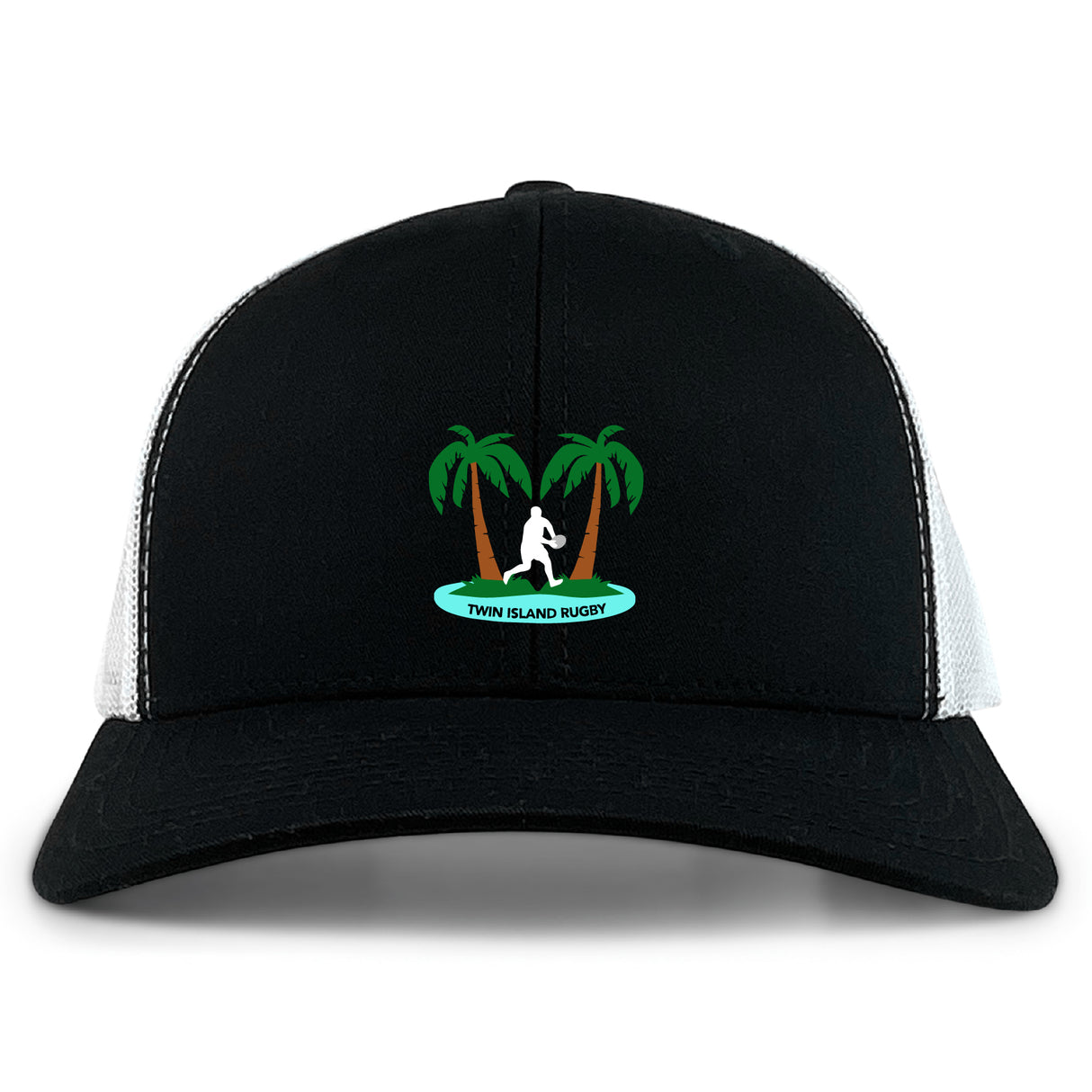 The Twin Island Rugby Retro Trucker Cap by EMB S&S Activewear features black and white panels, embroidered palm trees, a rugby player silhouette, “Twin Island Rugby” text, and an adjustable snapback closure.
