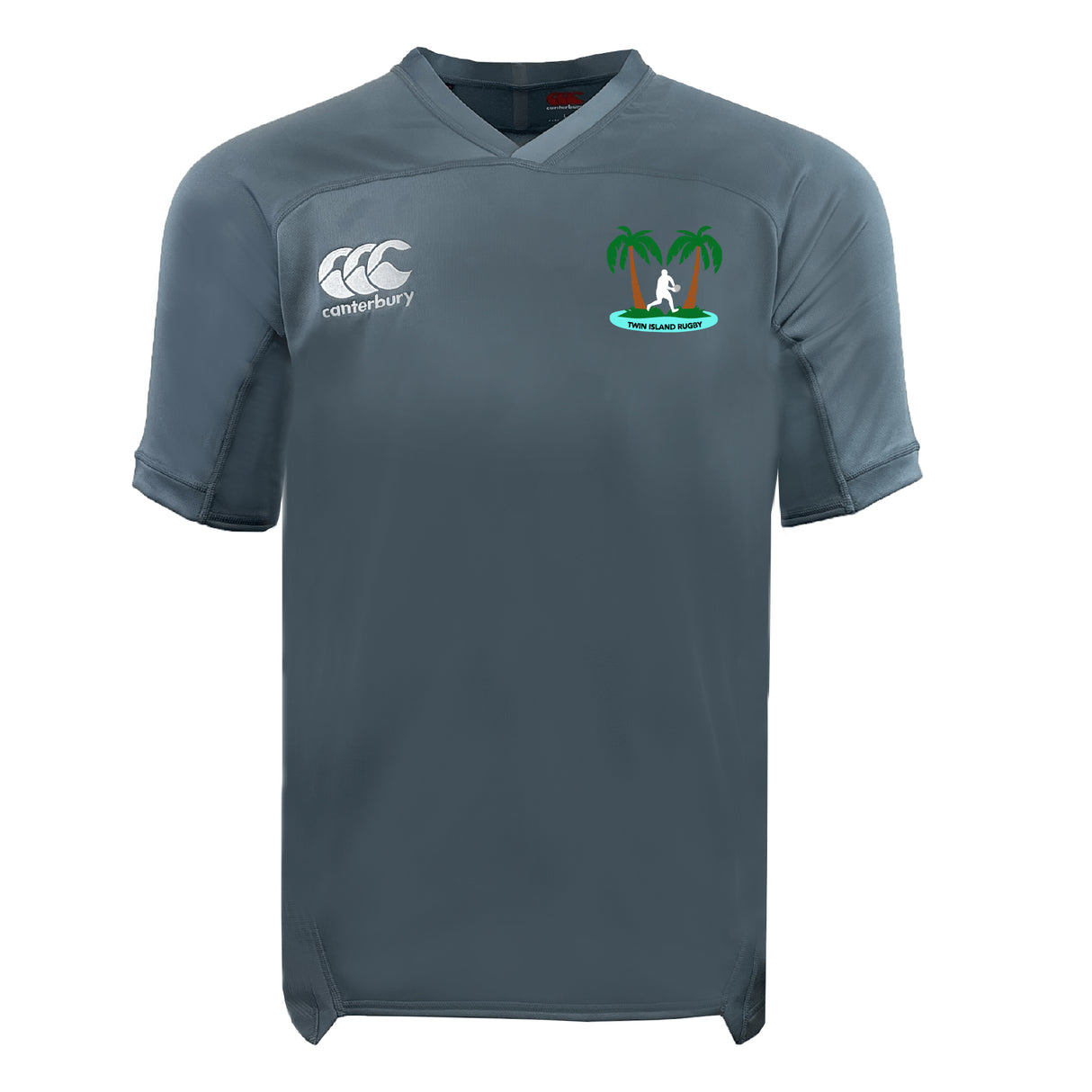 The Twin Island Rugby Vapodri Evader Jersey by EMB Canterbury is a gray short-sleeve jersey with a white Canterbury logo on the right chest and palm tree with surfer emblem on the left, featuring moisture-wicking technology.