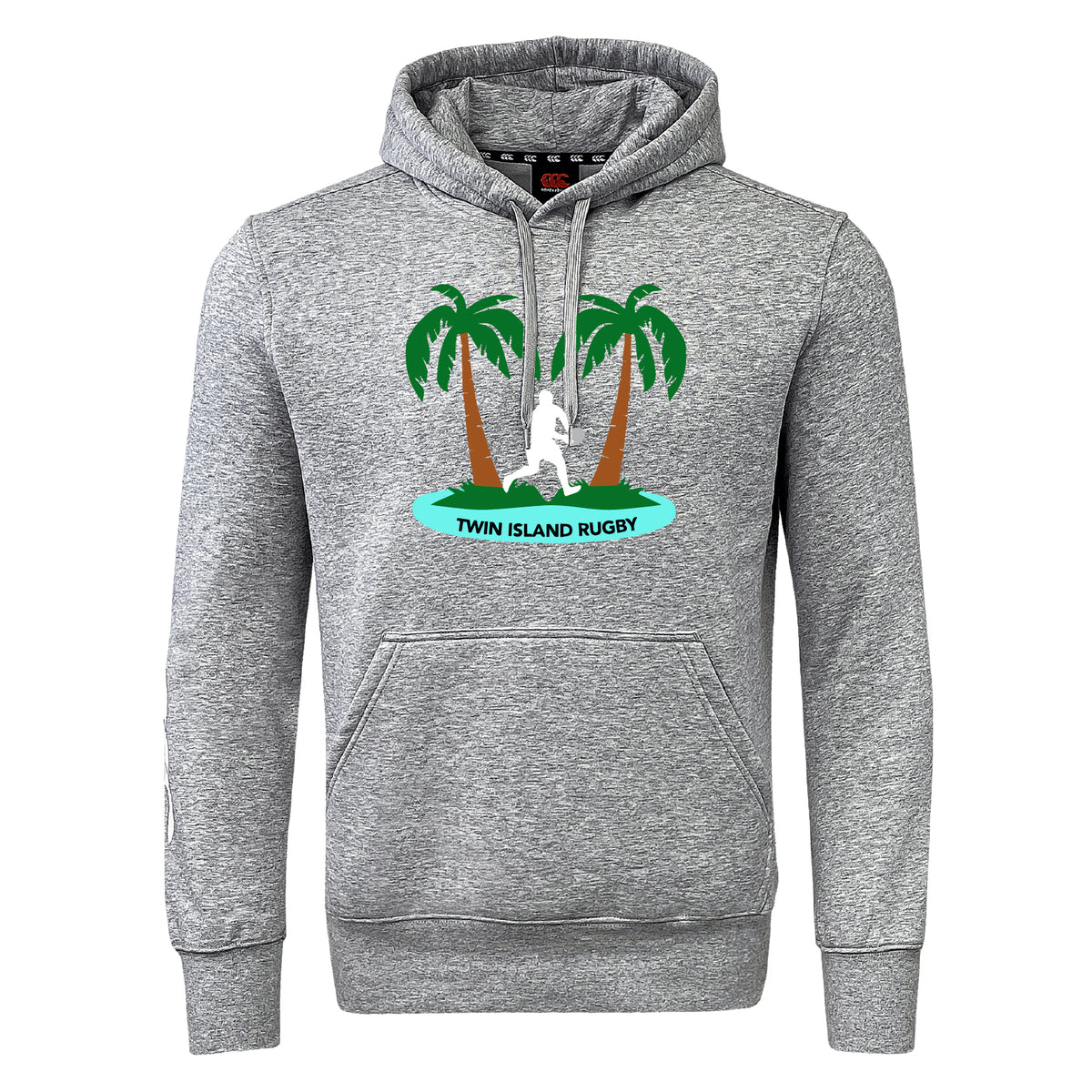 The Twin Island Rugby Club Hoodie by Canterbury, from WRS Canterbury, features a gray design with two palm trees, a rugby player graphic, and "TWIN ISLAND RUGBY" on the front—ideal as your custom team or rugby club hoodie.